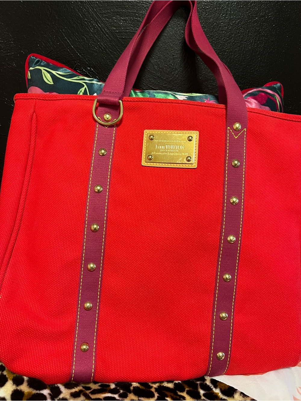 Louis Vuitton Red Canvas Tote with Purple Straps and Gold Plate